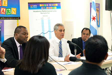 Mayor Rahm Emanuel and Chicago Public Schools (CPS) CEO Jean-Claude Brizard joined United Neighborhood Organization (UNO) CEO Juan Rangel at Marquez School today to meet with parents, teachers and students to discuss the positive impact of a longer school day with additional instructional time.  